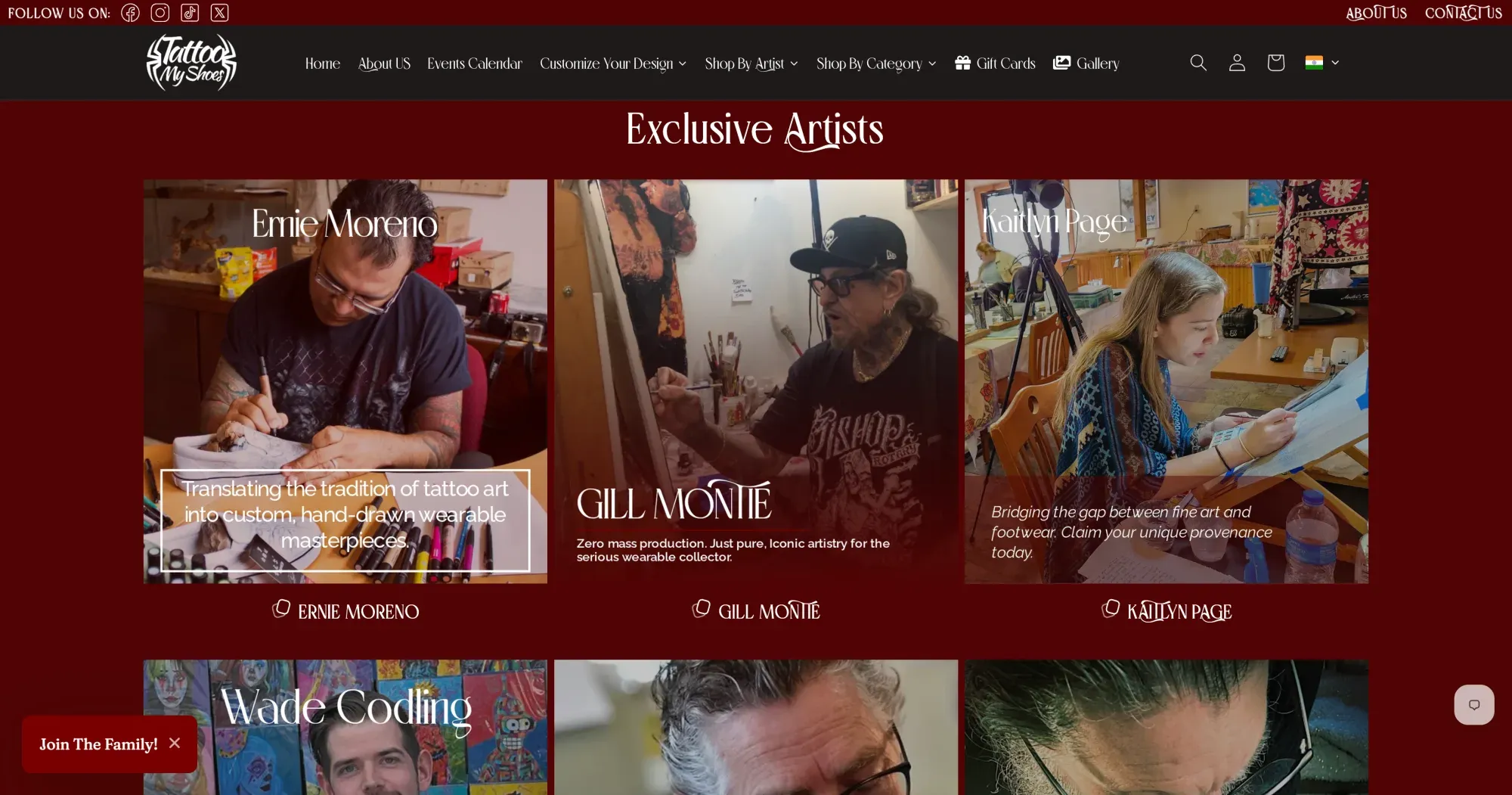 The rebuilt TattooMyShoes homepage, leading on a grid of named artists with their own portraits and collections.