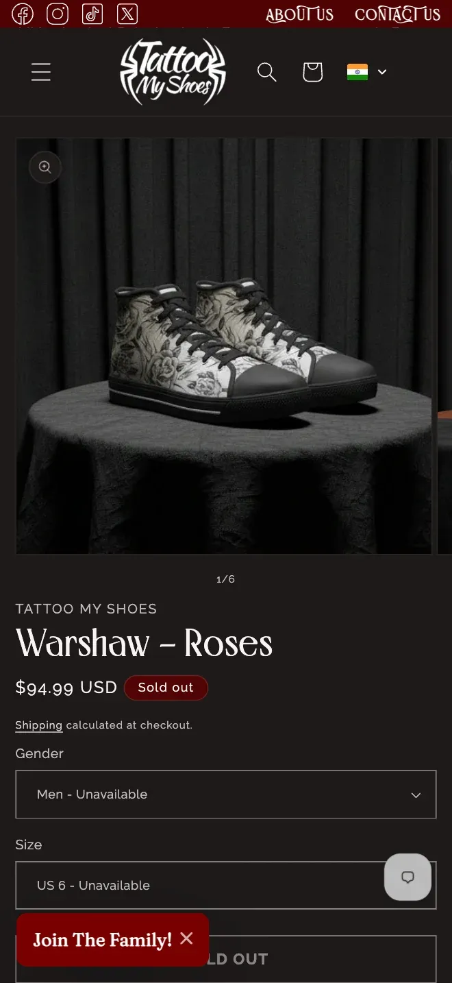 The rebuilt product page on a phone: the artwork full-bleed at the top, then the artist, the price and one choice at a time.