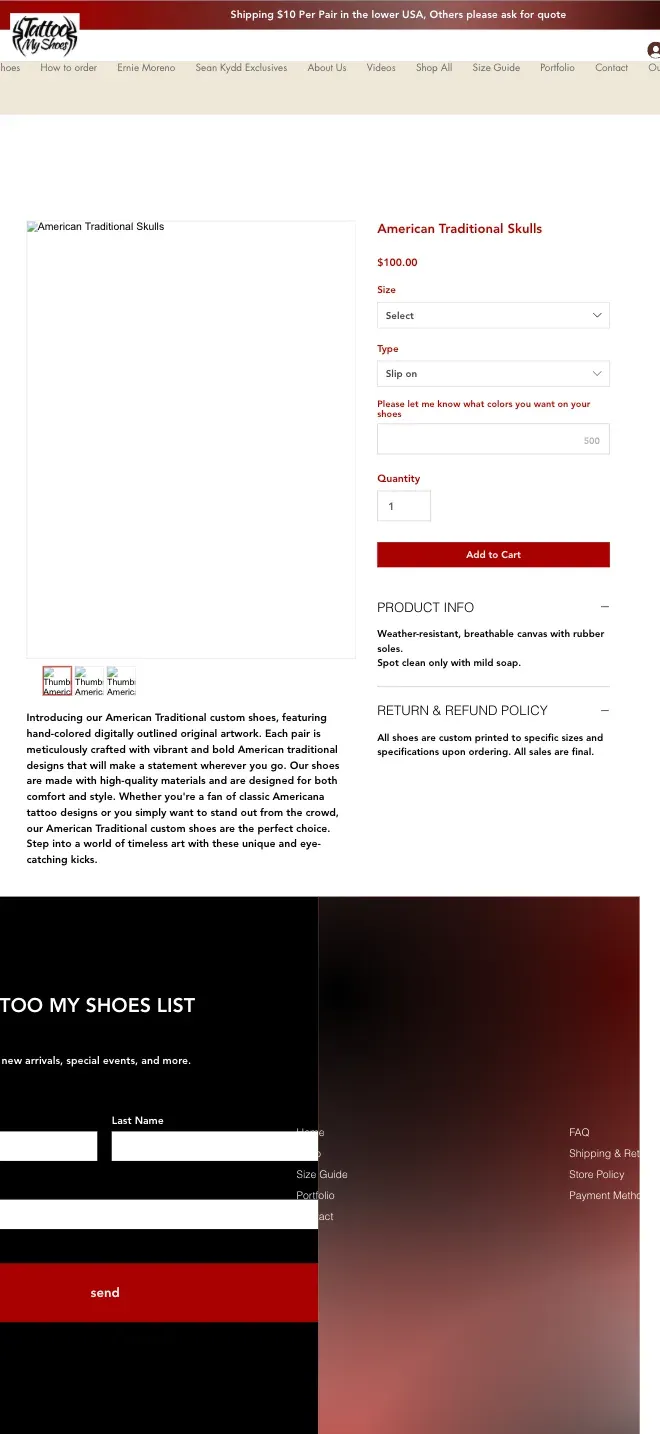The old product page on a phone: the desktop two-column layout scaled down whole, so the artwork and the options are both too small to use.