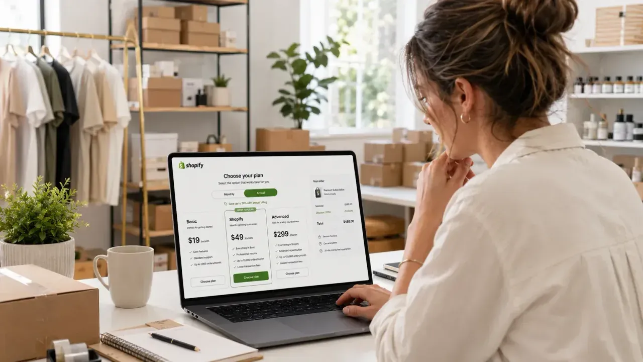 A merchant reviewing the Shopify plan comparison screen at checkout, with the monthly vs. annual billing toggle visible