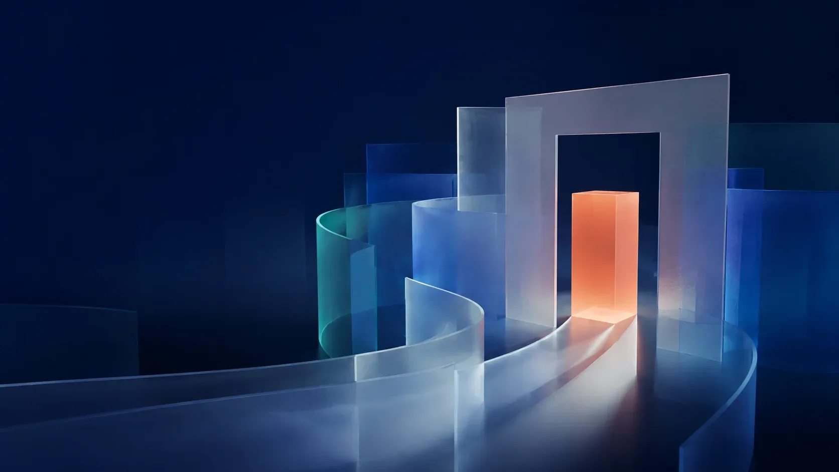 Abstract translucent glass panels forming a winding path toward a lit doorway