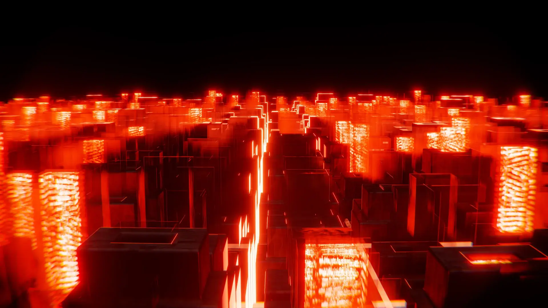 An abstract city of red-lit blocks and glowing towers against a black sky.