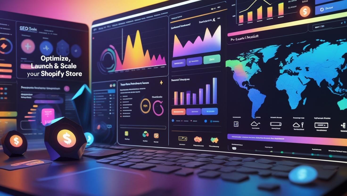 Shopify store setup 2025 essential apps dashboard featuring SEO tools, analytics, payment gateways, and automation features for explosive growth